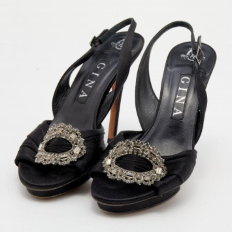 Gina Schwarze Satin-Sandalen mit Kristallverzierung und Slingback Größe 39 im Angebot 3