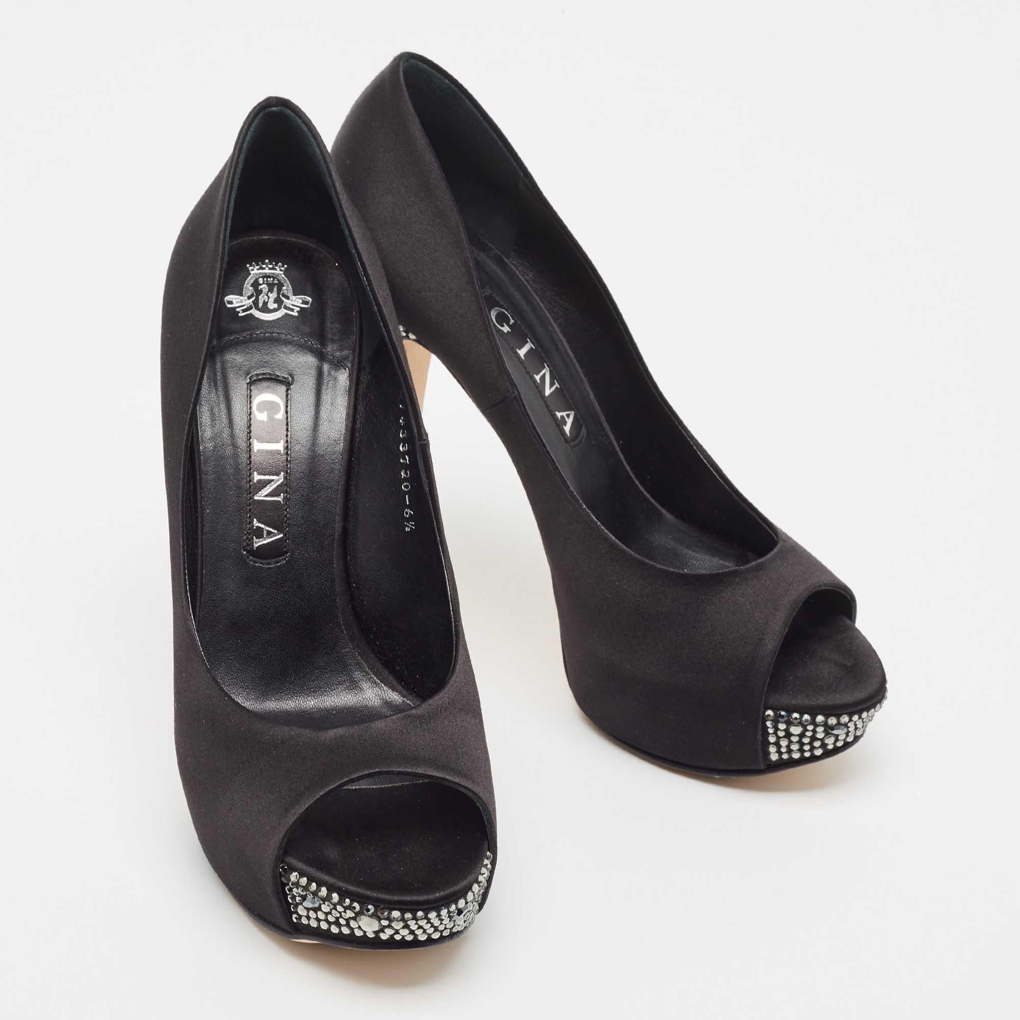 Women's Gina Black Satin Jenna Crystal Embellished Peep Toe Platform Pumps Size 39.5 For Sale