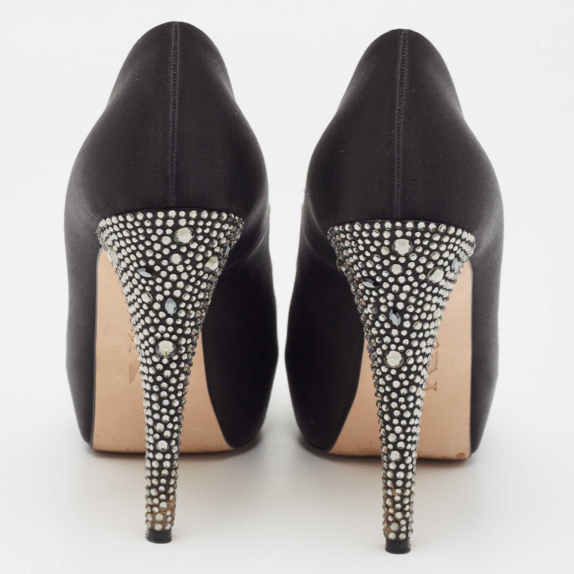 Gina Black Satin Jenna Crystal Embellished Peep Toe Platform Pumps Size 39.5 For Sale 1