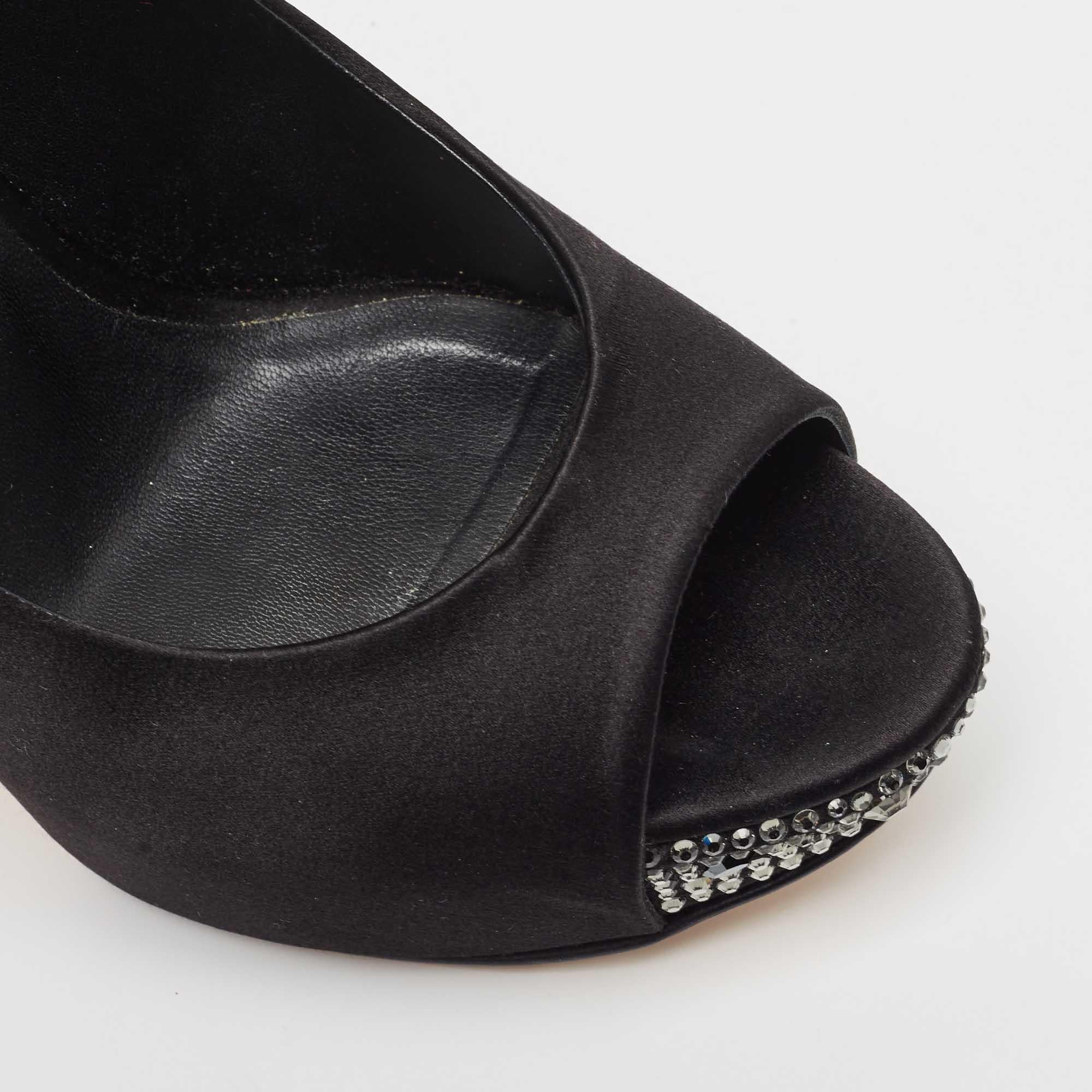 Gina Black Satin Jenna Crystal Embellished Peep Toe Platform Pumps Size 39.5 For Sale 3