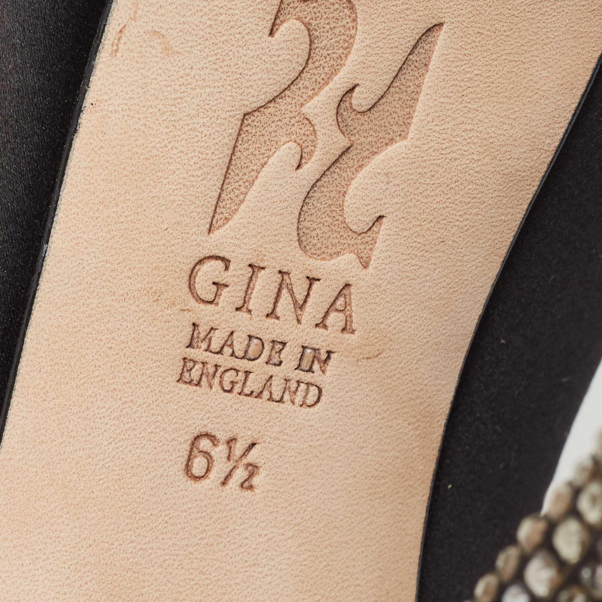 Gina Black Satin Jenna Crystal Embellished Peep Toe Platform Pumps Size 39.5 For Sale 4