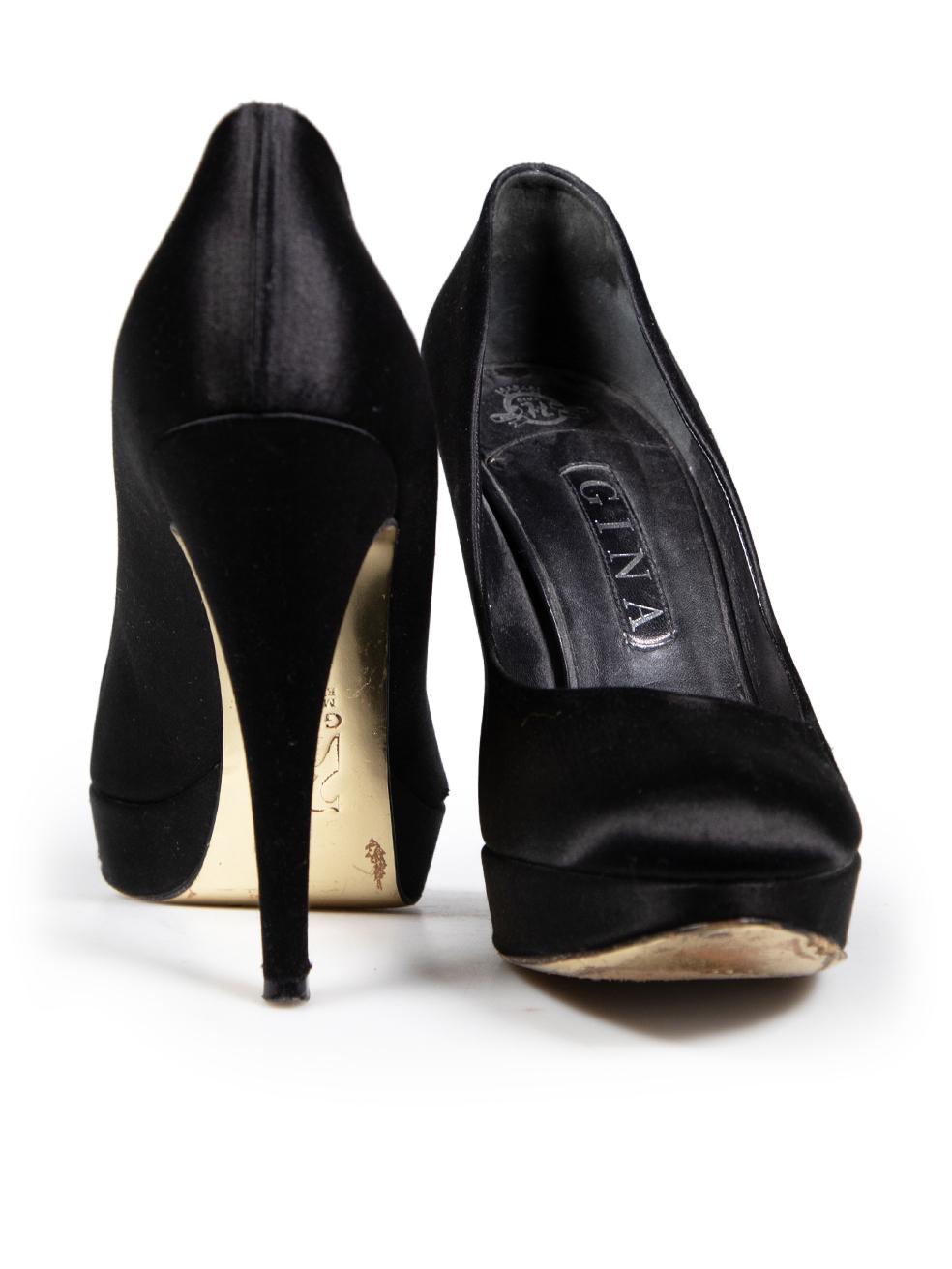 Gina Black Satin Platform Pumps Size UK 6.5 In Good Condition For Sale In London, GB
