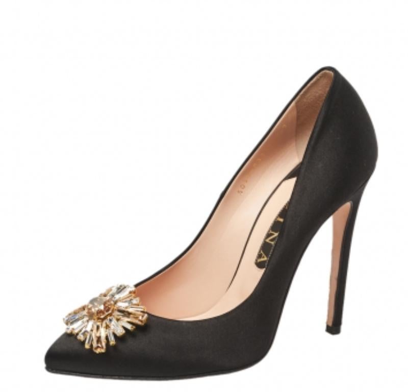 Women's Gina Black Satin Swarovski Crystal Embellished Pumps Size 40 For Sale