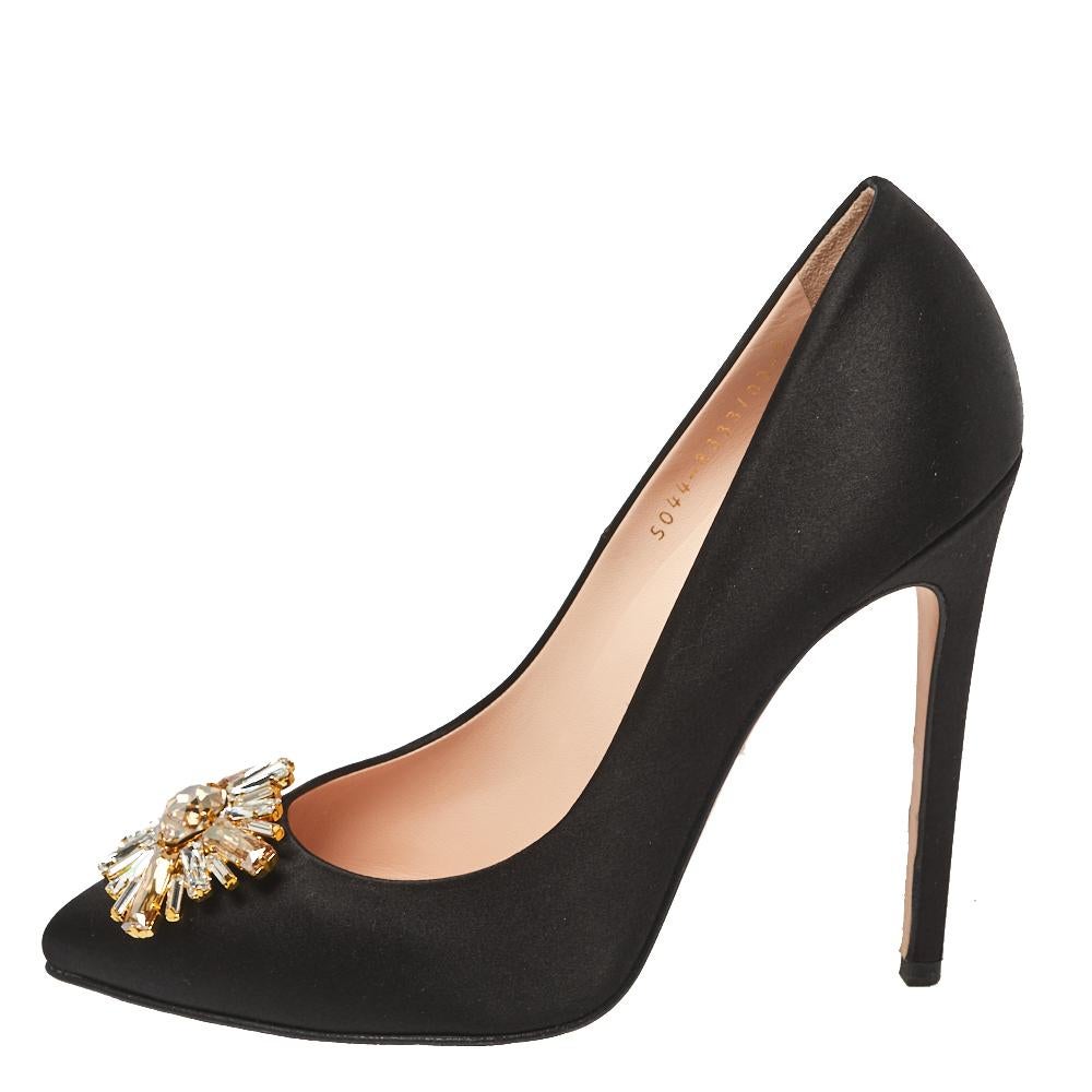 Gina Black Satin Swarovski Crystal Embellished Pumps Size 40 For Sale 2