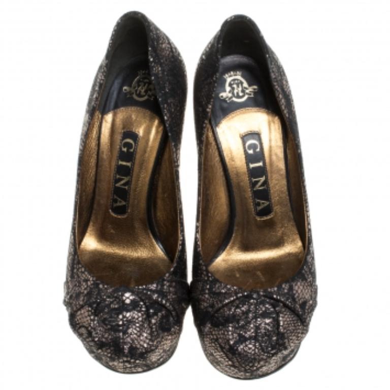 Women's Gina Black/Silver Brocade Fabric Pleated High Heel Platform Pumps Size 36.5 For Sale