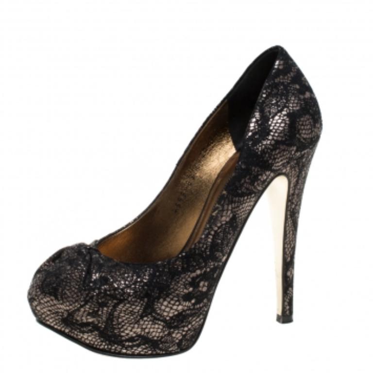 Gina Black/Silver Brocade Fabric Pleated High Heel Platform Pumps Size 36.5 For Sale 2