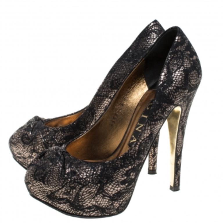 Gina Black/Silver Brocade Fabric Pleated High Heel Platform Pumps Size 36.5 For Sale 3
