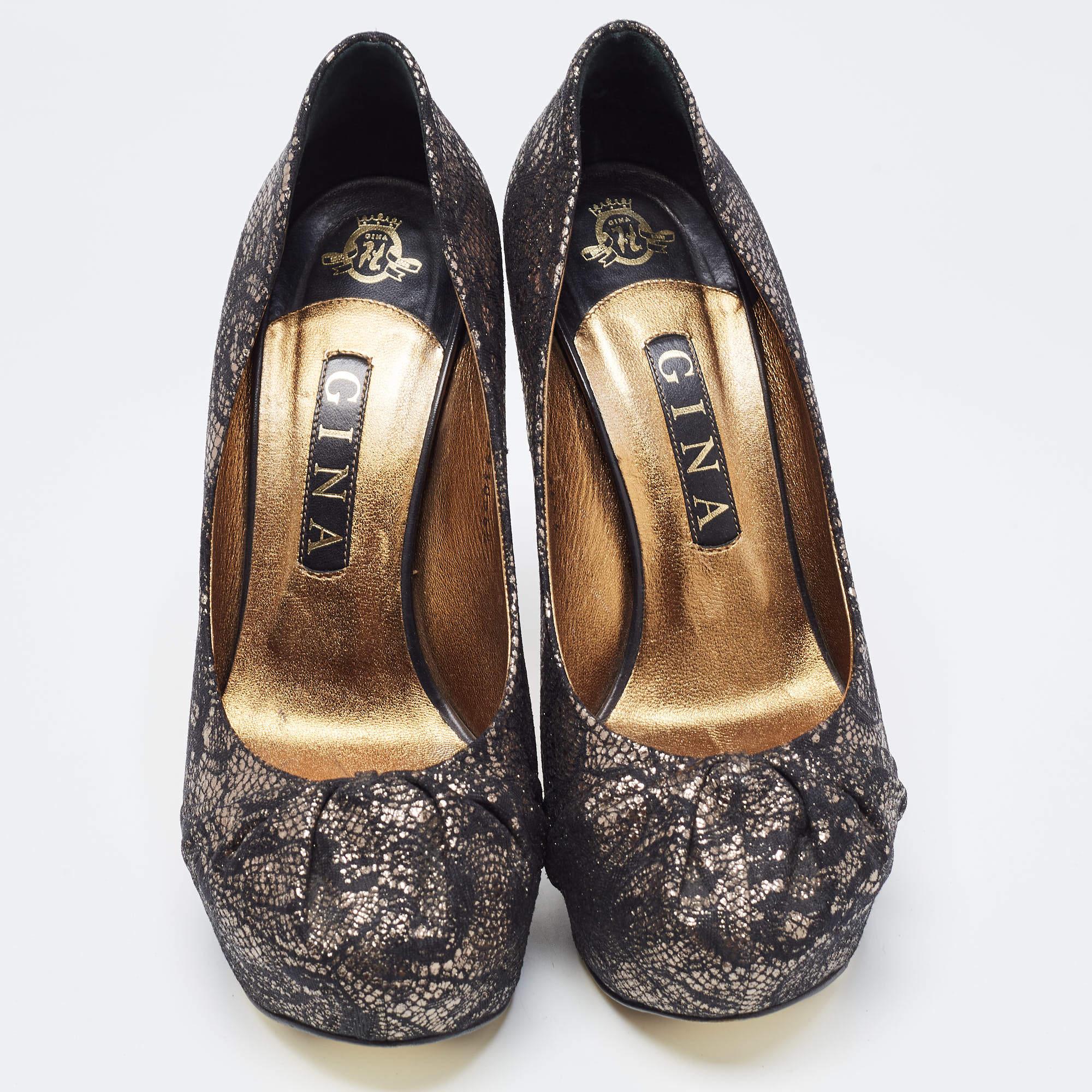 Gina Black/Silver Brocade Fabric Pleated High Heel Platform Pumps Size 39.5 In Good Condition For Sale In Dubai, Al Qouz 2