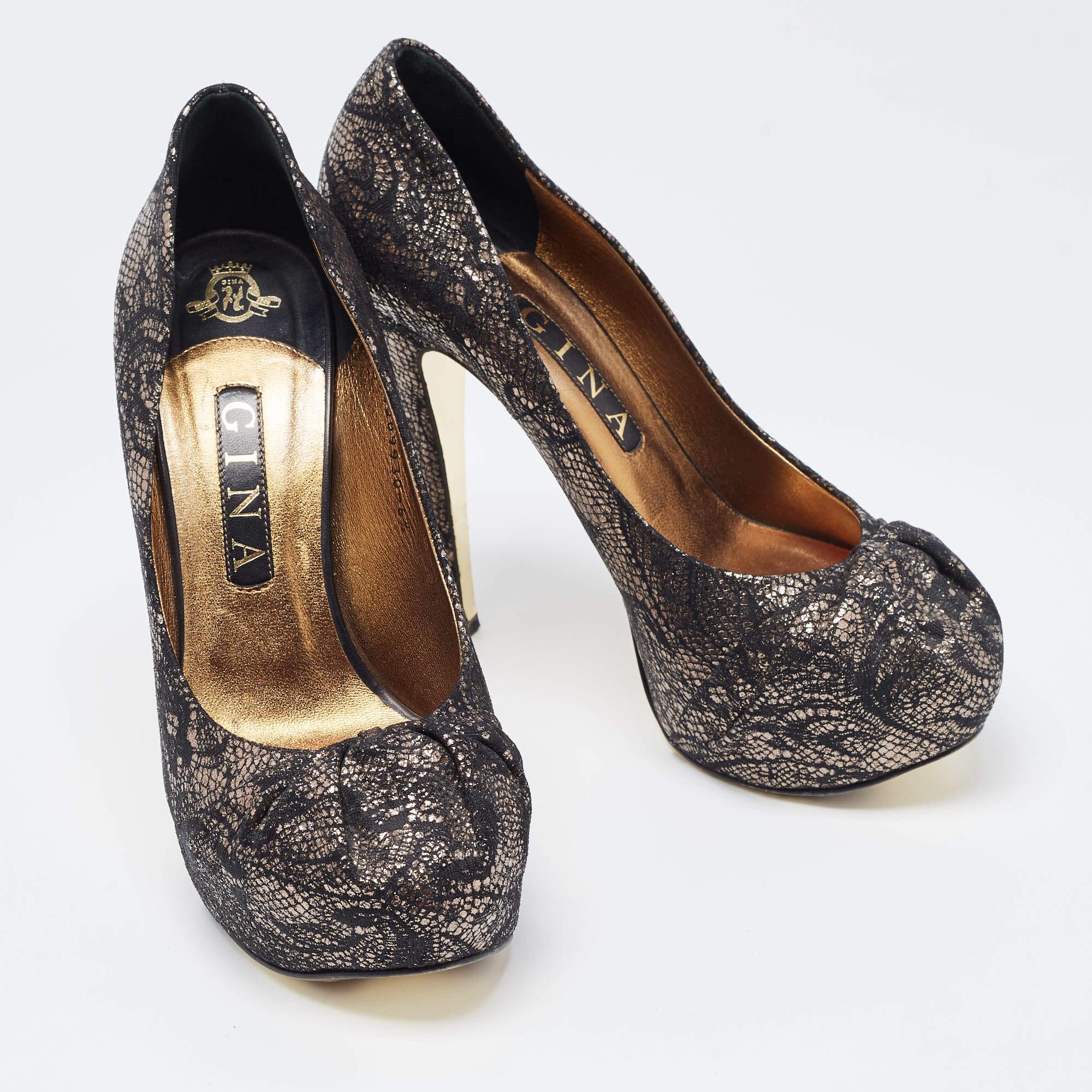 Women's Gina Black/Silver Brocade Fabric Pleated High Heel Platform Pumps Size 39.5 For Sale