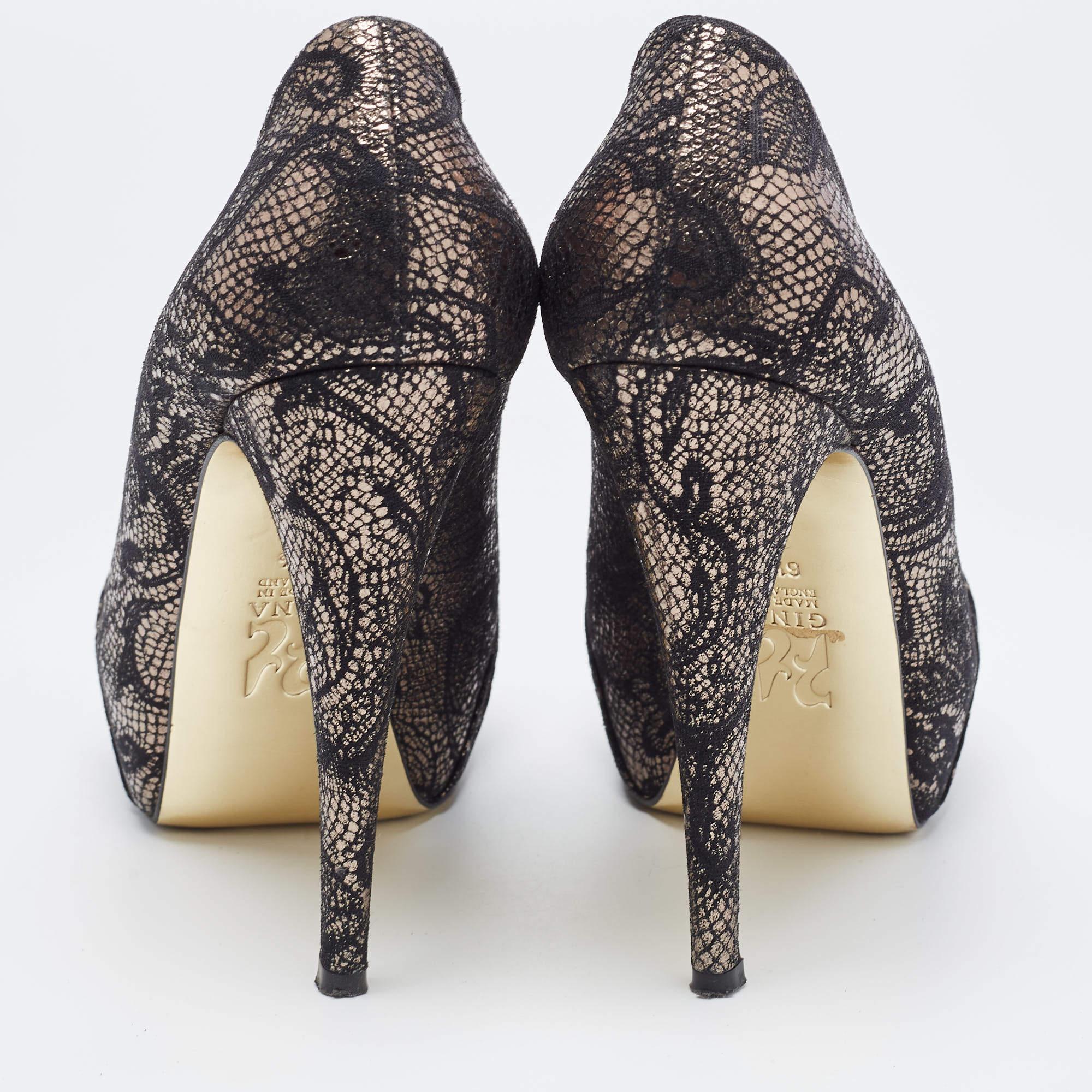 Gina Black/Silver Brocade Fabric Pleated High Heel Platform Pumps Size 39.5 For Sale 1