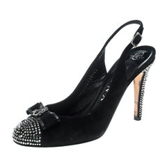 Gina Black Suede Crystal Embellished Cap Toe Slingback Sandals Size 37.5