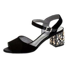 Gina Black Velvet Embellished Block Heel Ankle Strap Sandals Size 38