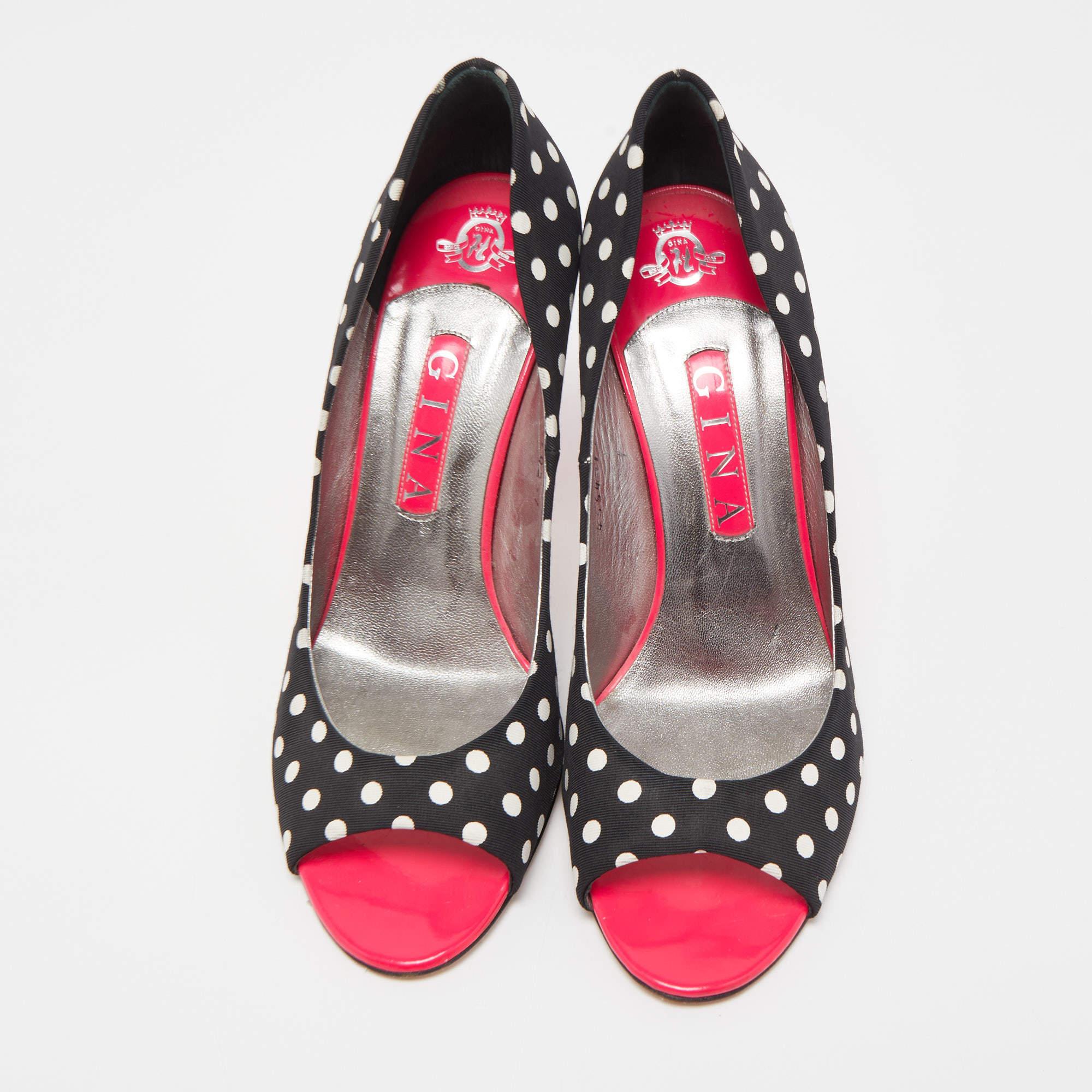 Gina Black/White Polka Dot Canvas Peep Toe Pumps Size 40 In Good Condition For Sale In Dubai, Al Qouz 2