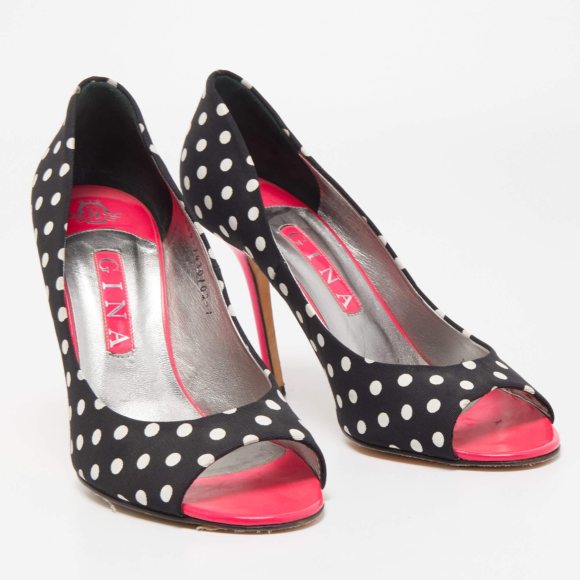 Women's Gina Black/White Polka Dot Canvas Peep Toe Pumps Size 40 For Sale
