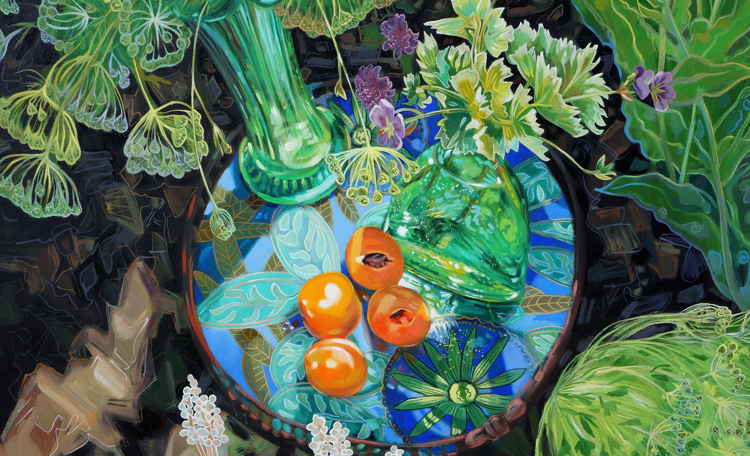 Greene & Greene avec abricots - Nature morte colorée avec fleurs et légumes - Painting de Gina Blickenstaff