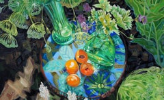 Blue-Green with Apricots - Colorful Still Life Flower and Veggie Painting