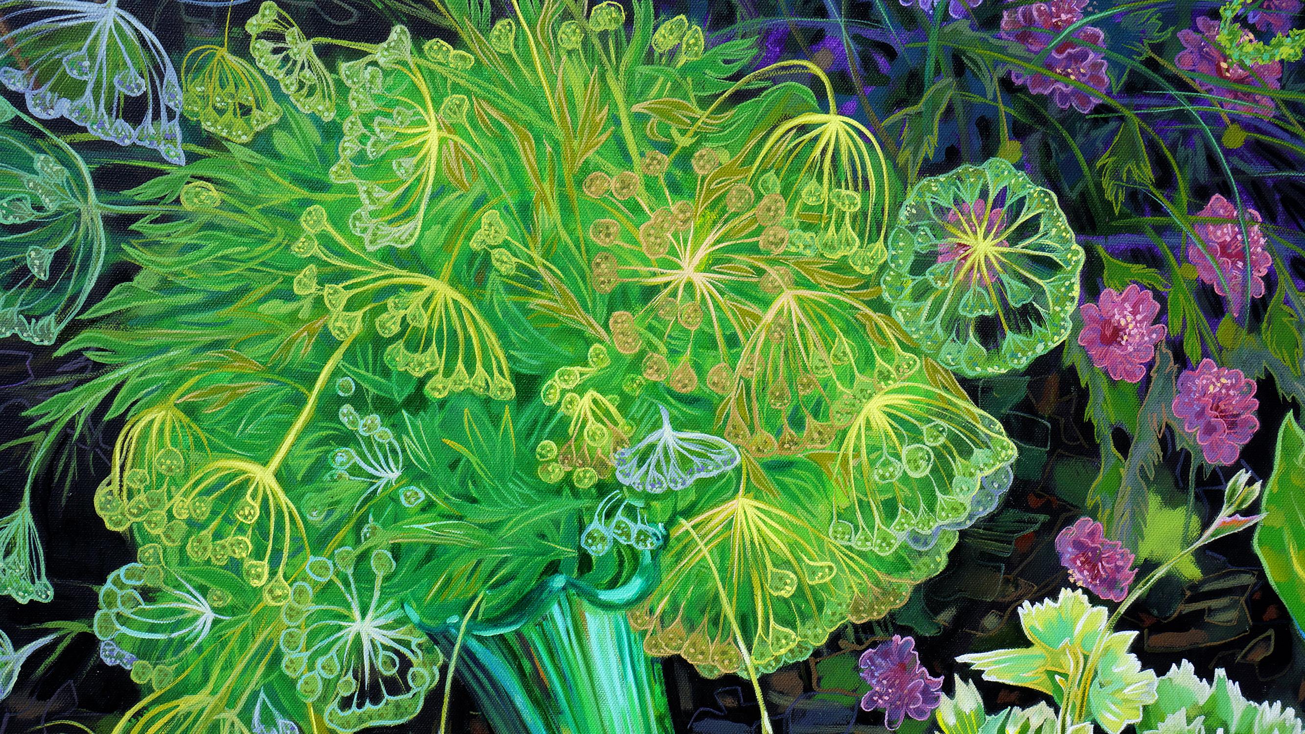 Greene & Greene avec abricots - Nature morte colorée avec fleurs et légumes - Noir Still-Life Painting par Gina Blickenstaff