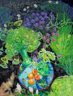 Greene & Greene avec abricots - Nature morte colorée avec fleurs et légumes