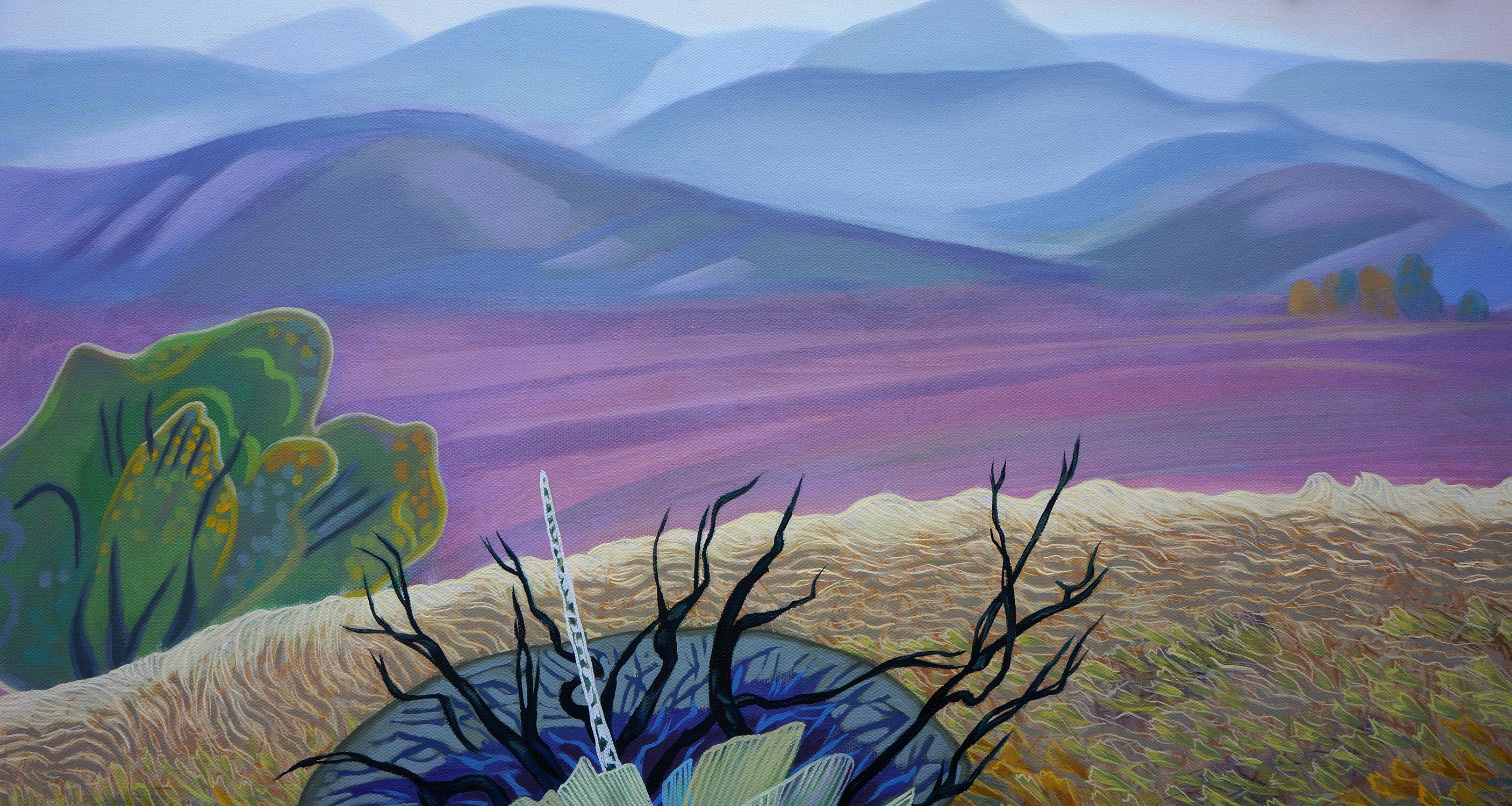 Yuca de ladera - Pintura al óleo de un colorido paisaje de Colorado - Landscape Painting Gris de Gina Blickenstaff