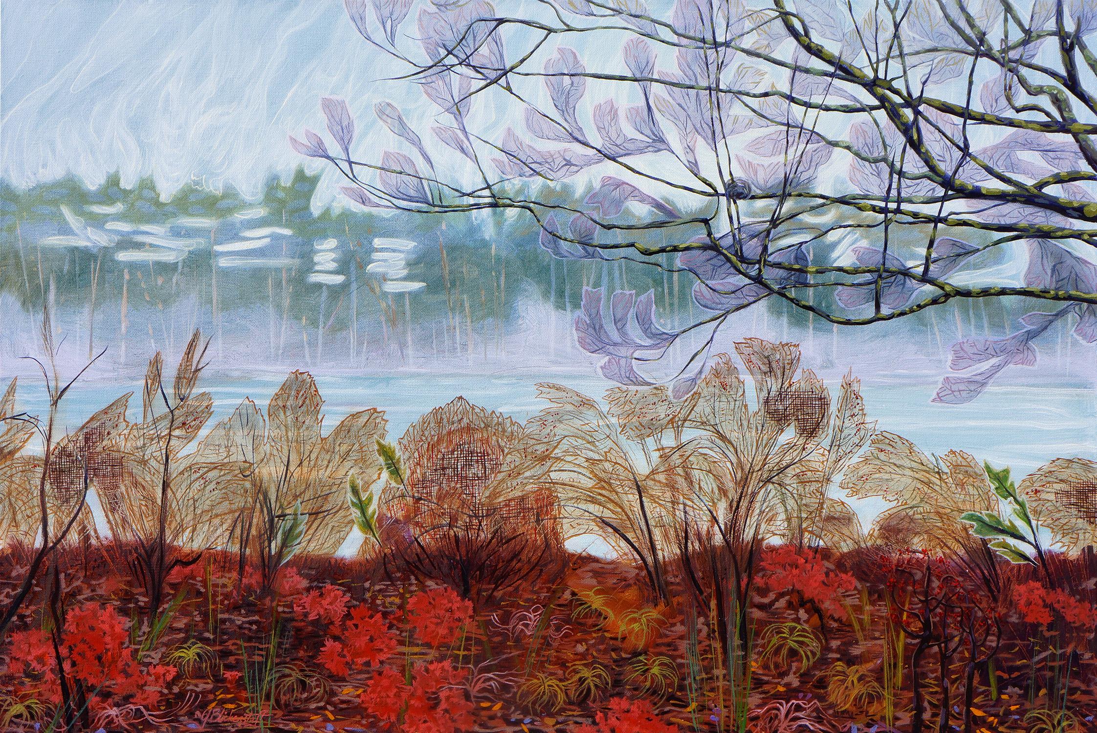 Moody Day at Mohansic Lake, signiertes zeitgenössisches Original-Landschaftsgemälde – Painting von Gina Blickenstaff