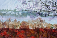Moody Day at Mohansic Lake, peinture originale signée d'un paysage contemporain