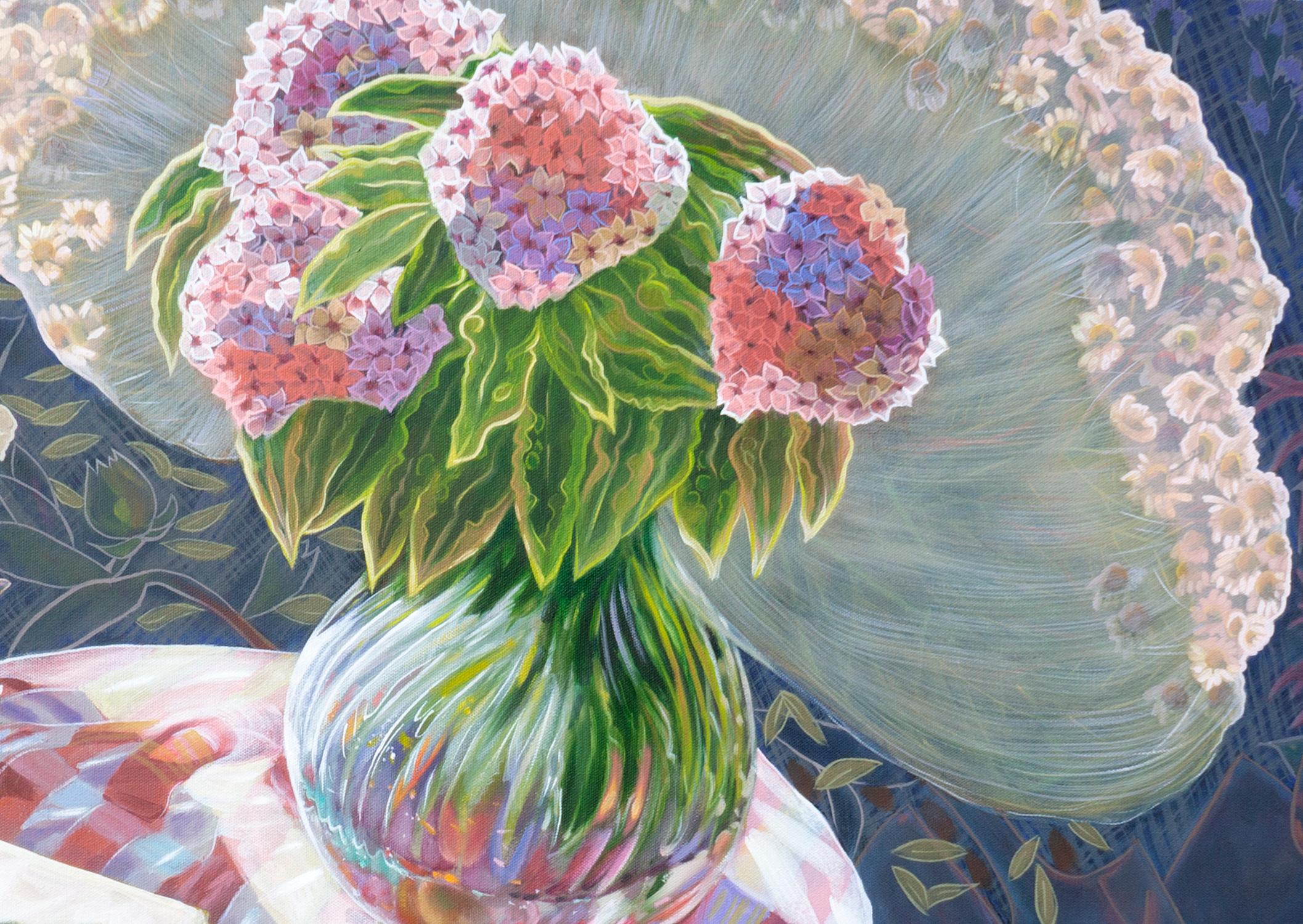 Phlox et marguerites - Nature morte à l'huile contemporaine florale rose - Gris Still-Life Painting par Gina Blickenstaff