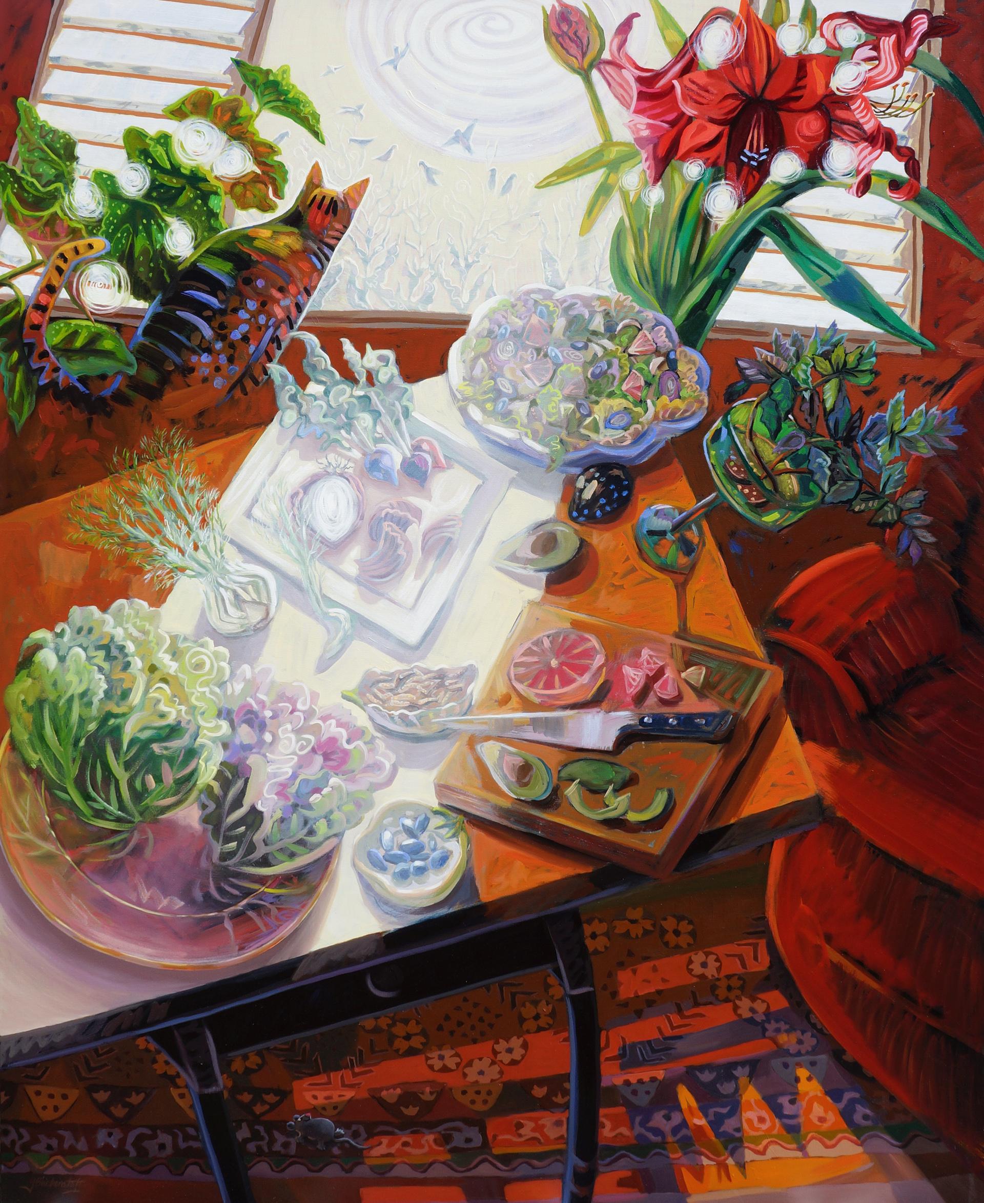 Gina Blickenstaff Still-Life Painting - Pierre's Winter Salad and Amaryllis, Original Painting