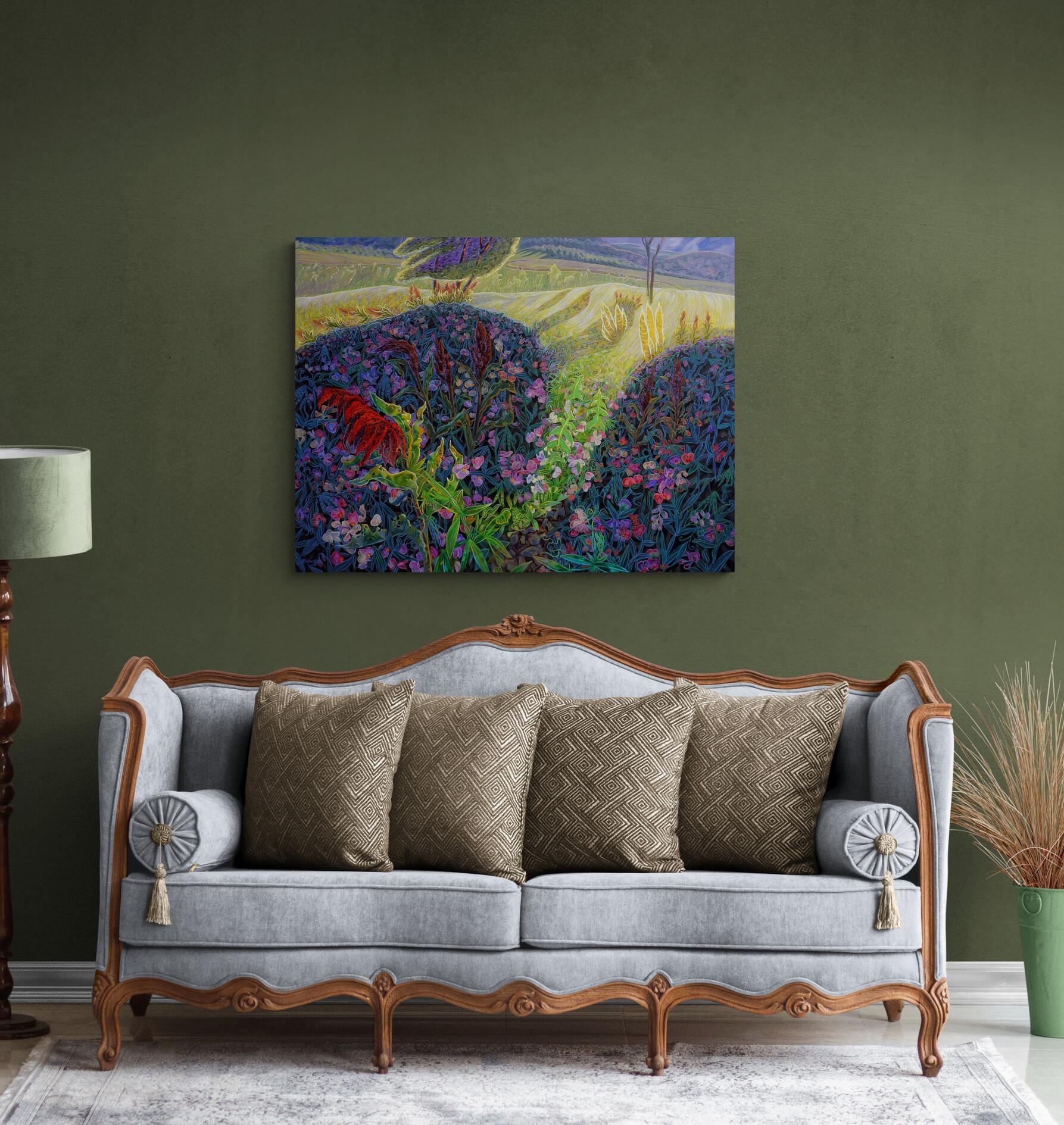 Sweet Pea and Dock in Chautauqua Park, Original Painting - Black Still-Life Painting by Gina Blickenstaff