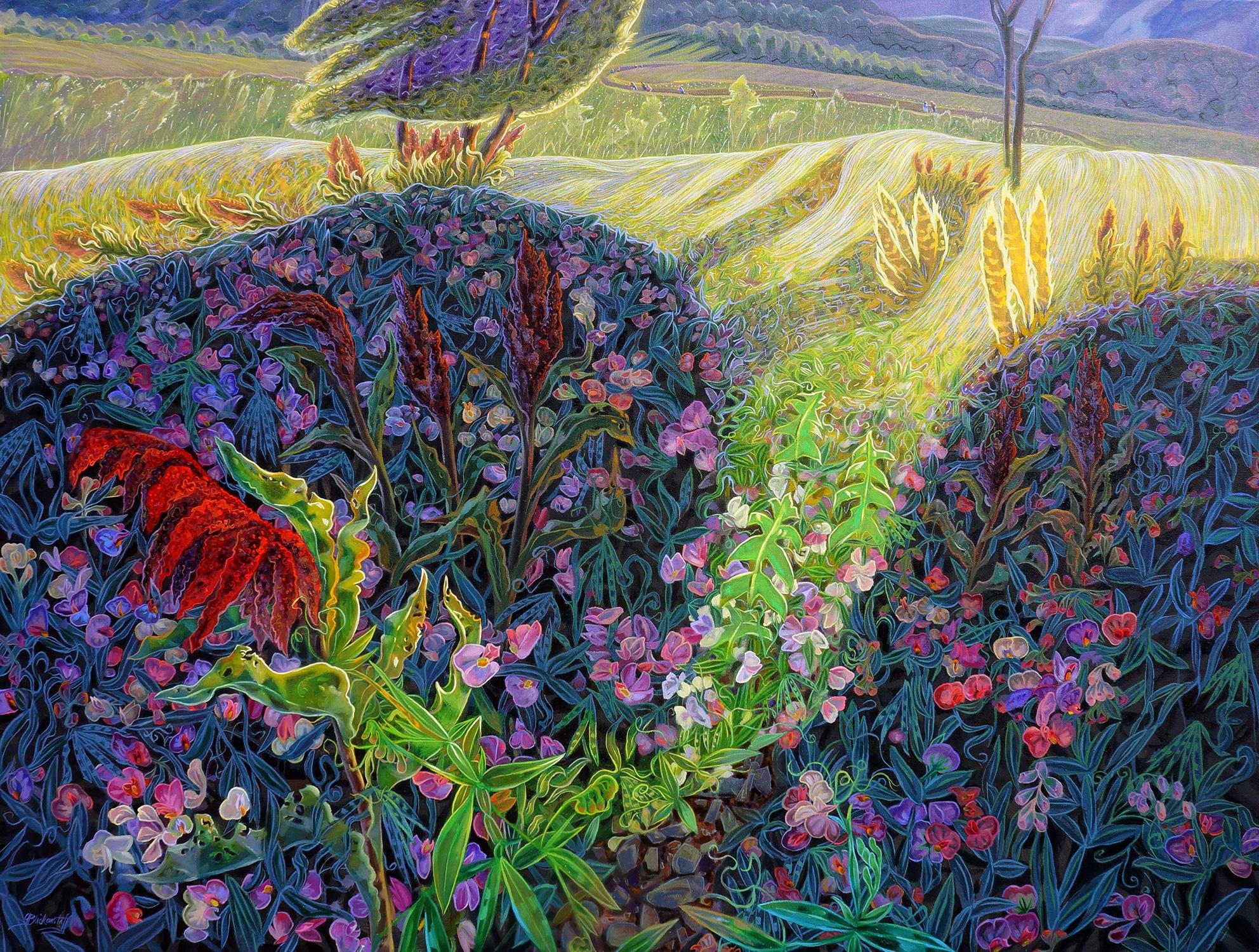 Gina Blickenstaff Still-Life Painting - Sweet Pea and Dock in Chautauqua Park, Original Painting