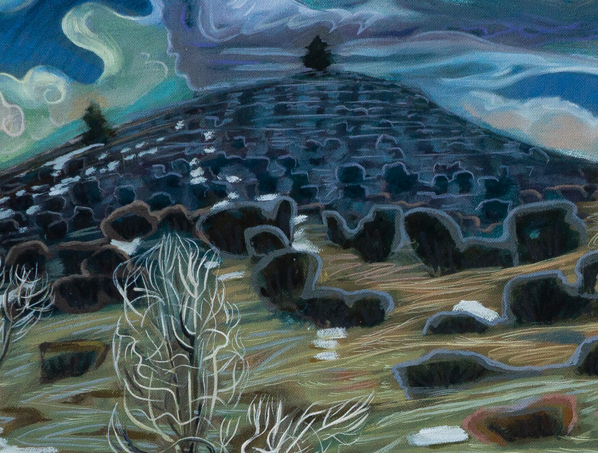 Turkey Crossing - Pintura al óleo expresionista de un paisaje de Colorado - Landscape Painting Gris de Gina Blickenstaff