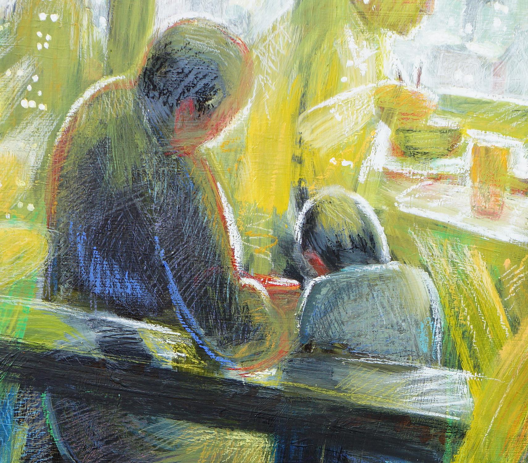 Zoe Ma Ma Street Food - Colorado Cityscape Resturant Oil Painting - Gray Still-Life Painting by Gina Blickenstaff