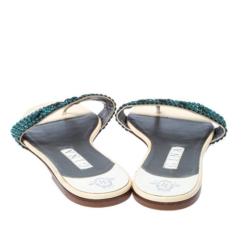 Gray Gina Blue Crystal Embellished Leather Flat Sandals Size 41