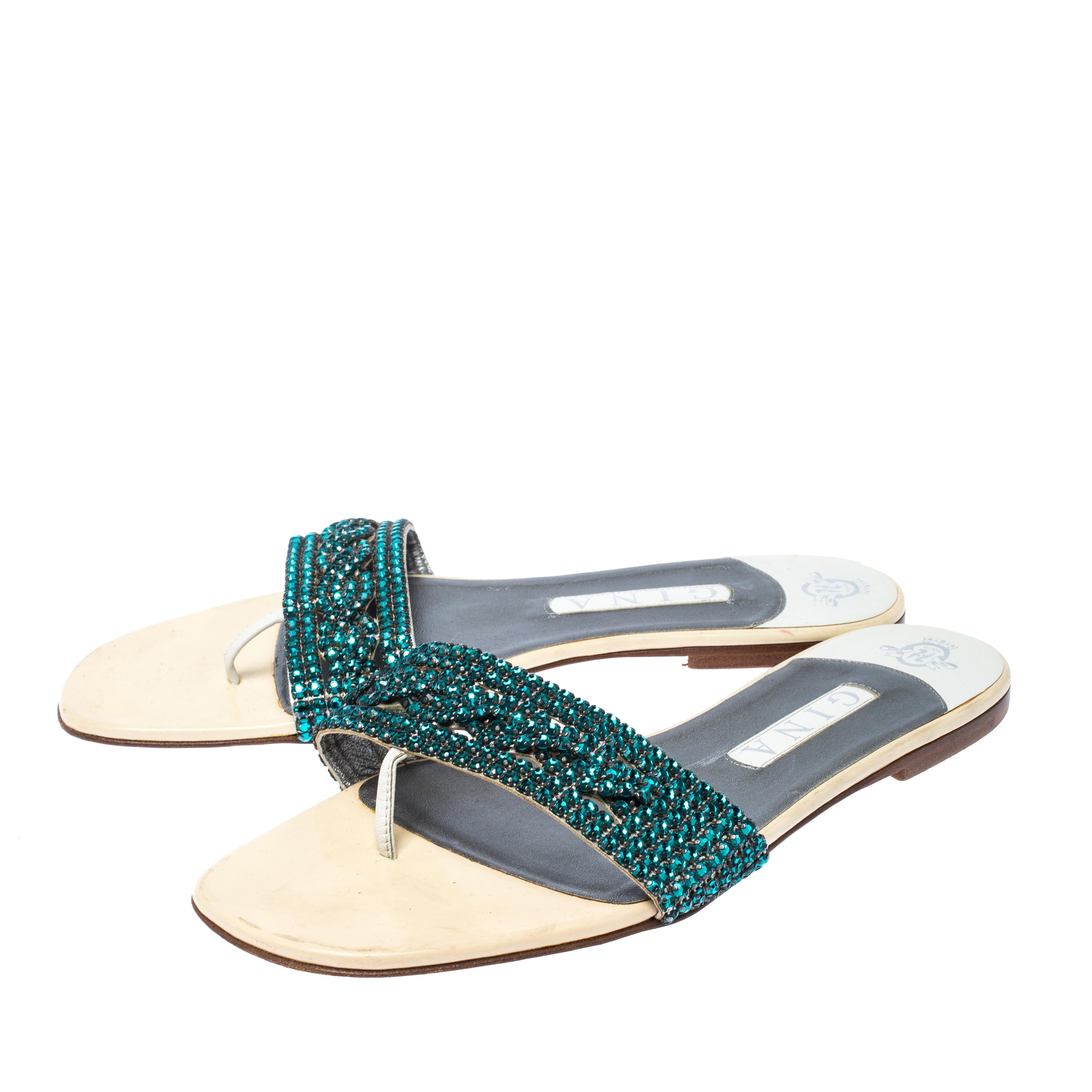 Gina Blue Crystal Embellished Leather Flat Sandals Size 41 In Good Condition In Dubai, Al Qouz 2