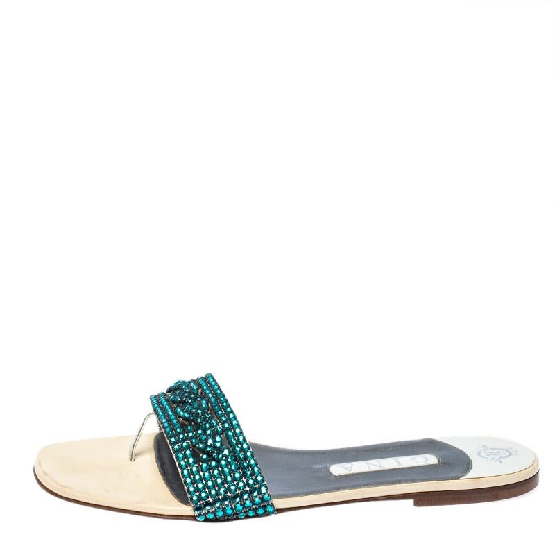 Women's Gina Blue Crystal Embellished Leather Flat Sandals Size 41