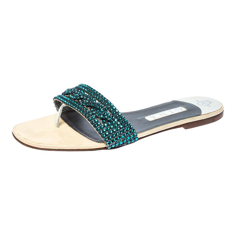 Gina Blue Crystal Embellished Leather Flat Sandals Size 41