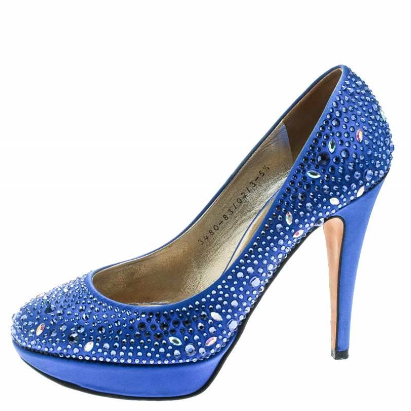Gina Blue Crystal Embellished Satin Pumps Size 38.5 1