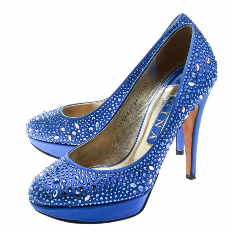 Gina Blue Crystal Embellished Satin Pumps Size 38.5 3