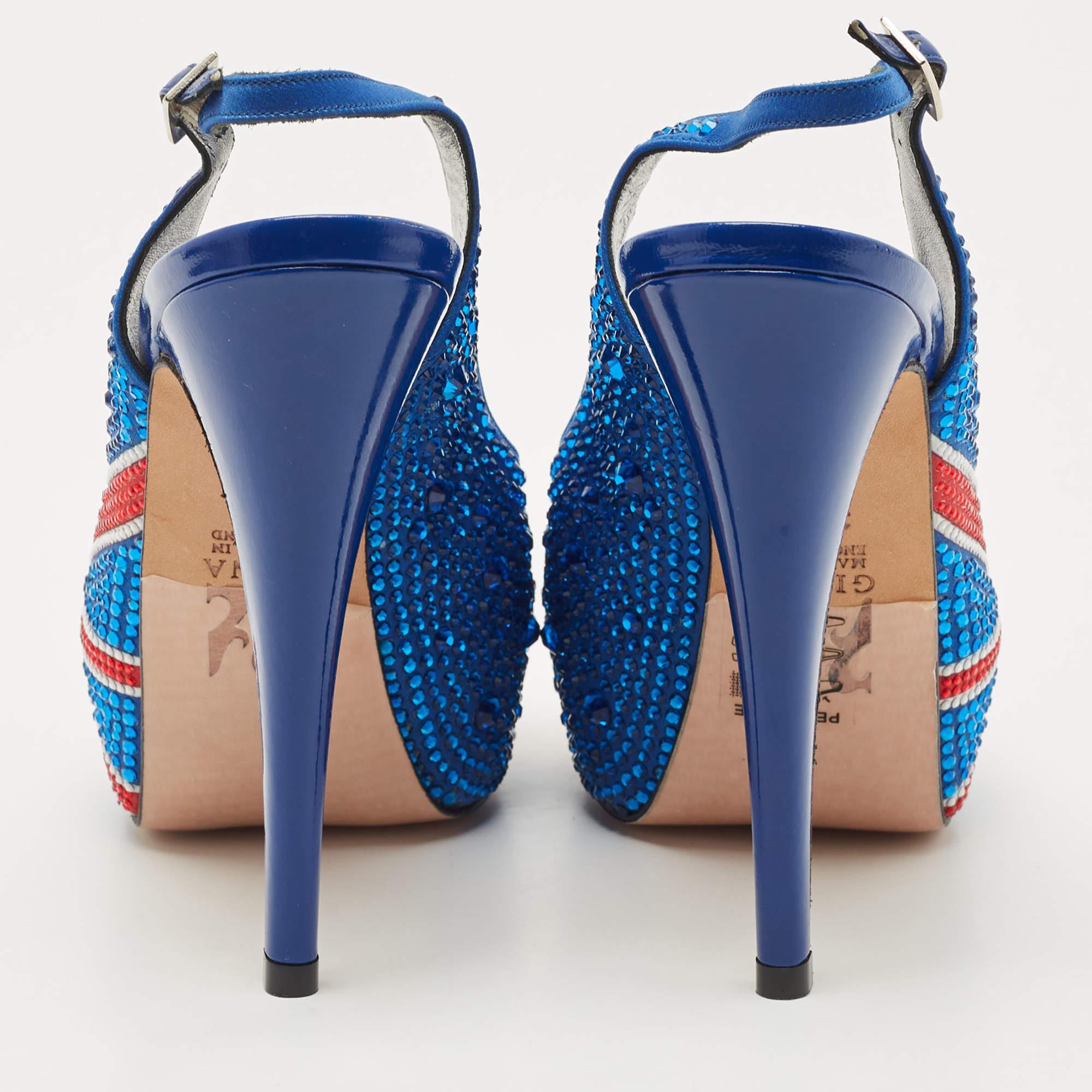 Gina Blue Crystal Embellished Satin Union Jack Slingback Sandals Size 36.5 1