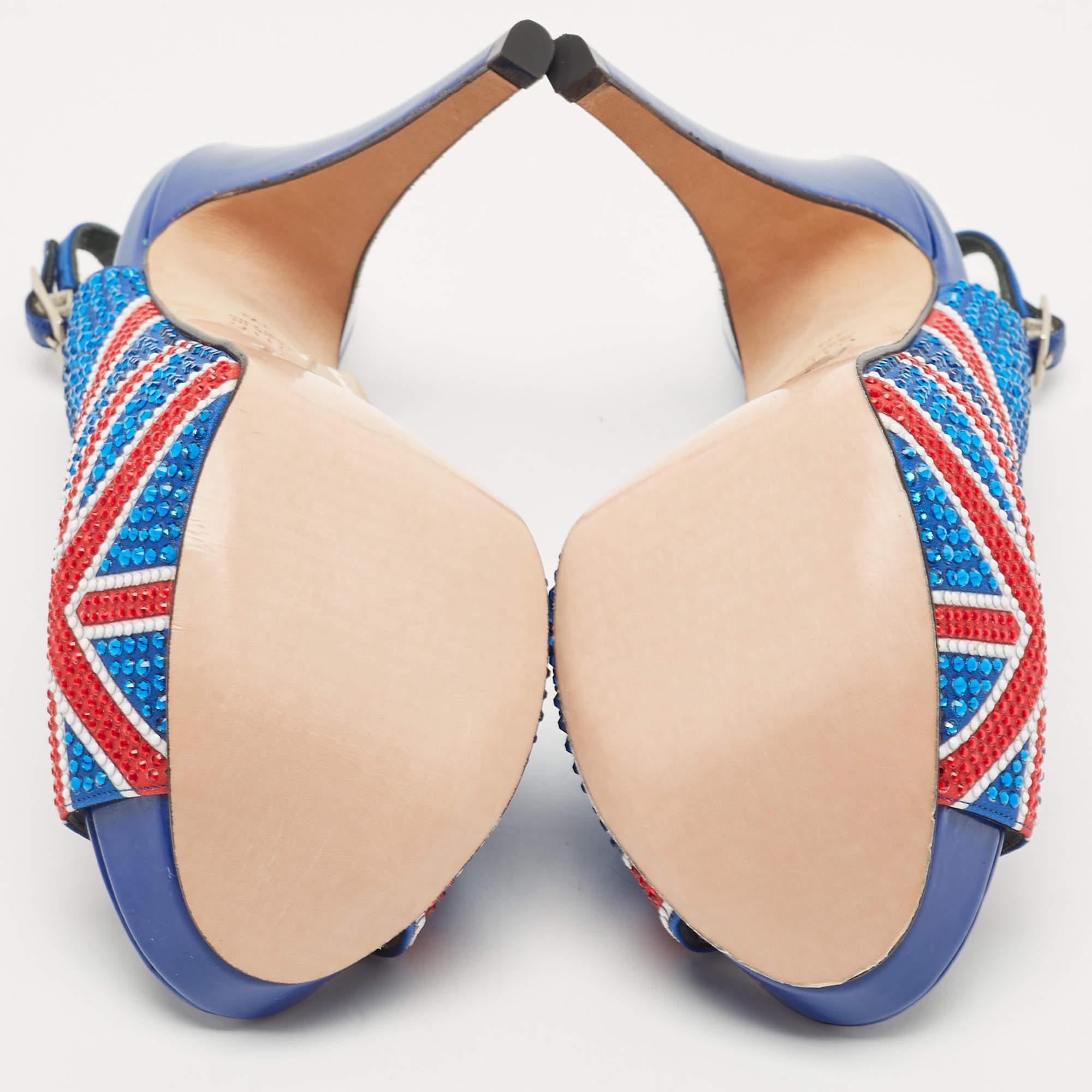 Gina Blue Crystal Embellished Satin Union Jack Slingback Sandals Size 36.5 2