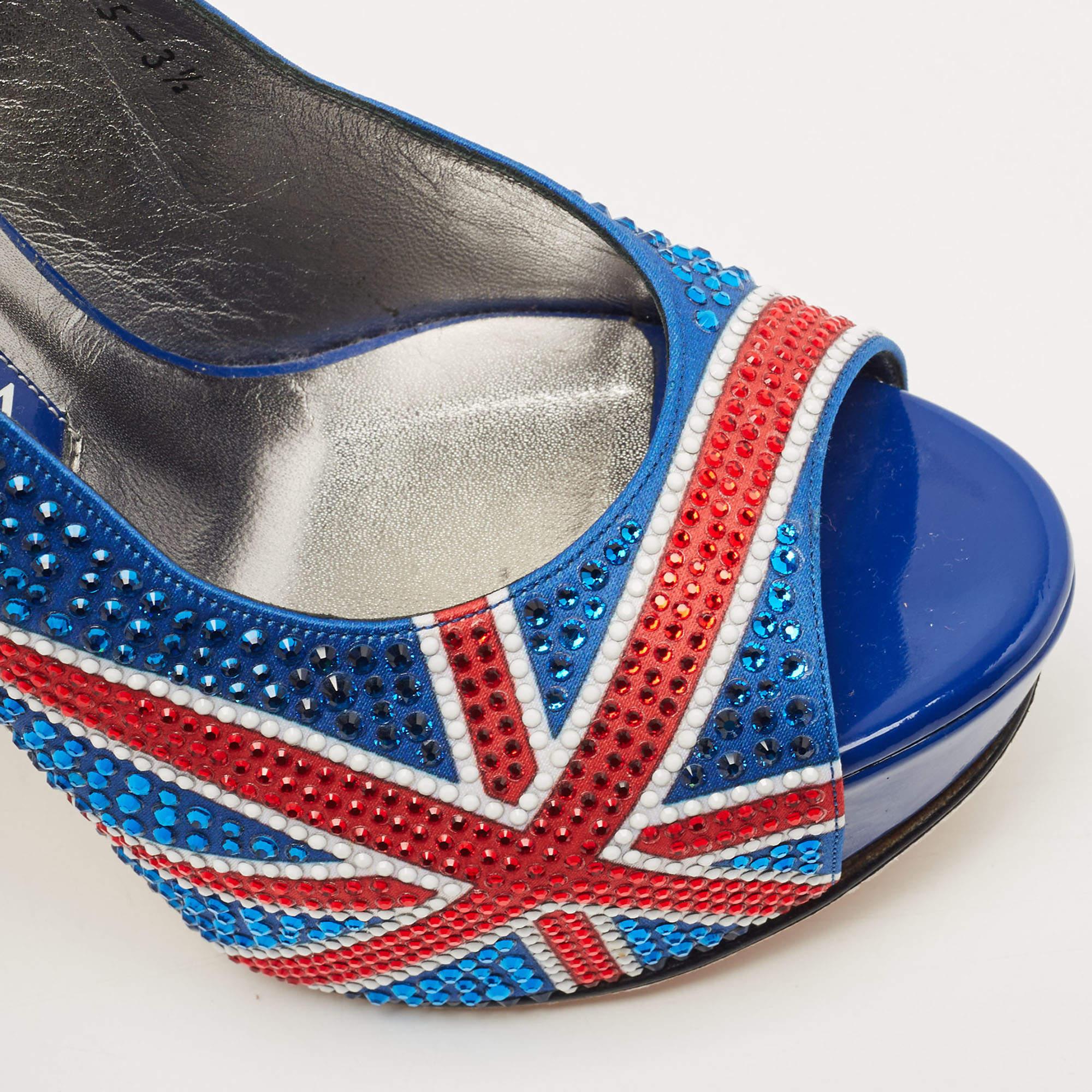 Gina Blue Crystal Embellished Satin Union Jack Slingback Sandals Size 36.5 3