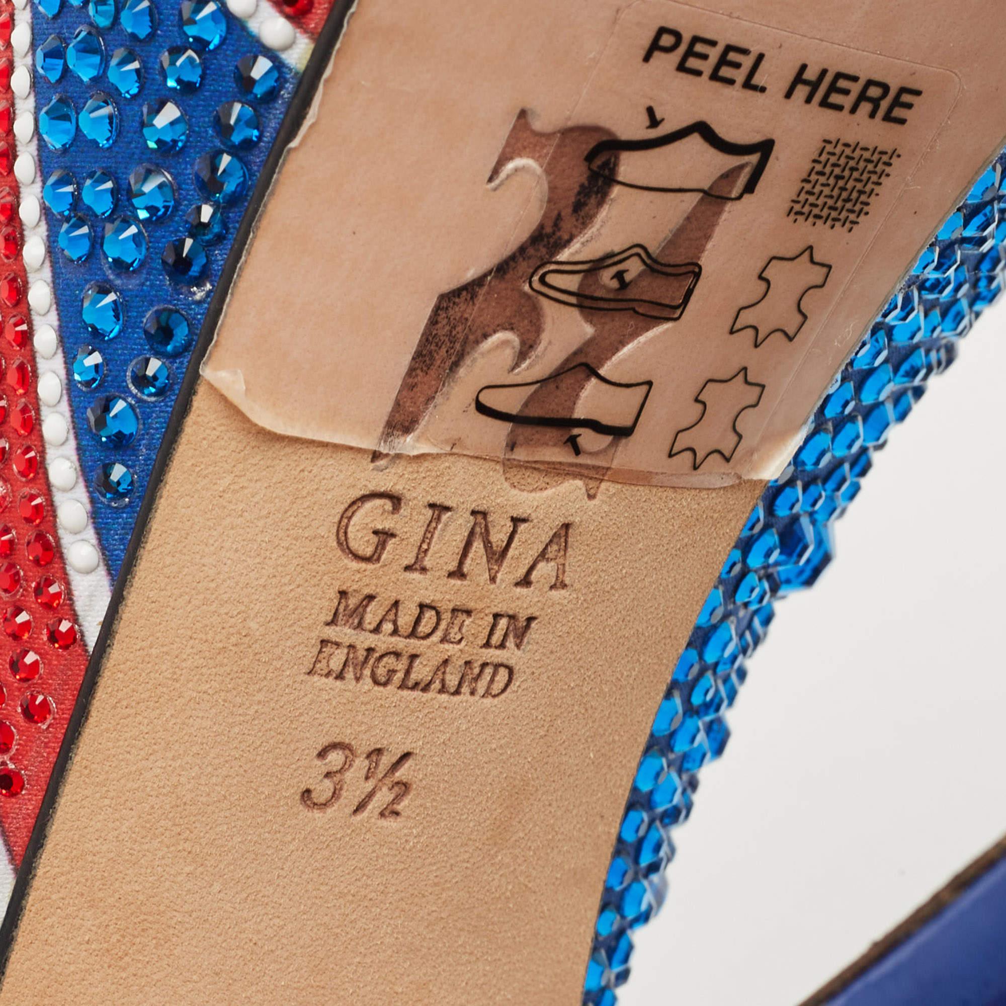 Gina Blue Crystal Embellished Satin Union Jack Slingback Sandals Size 36.5 4