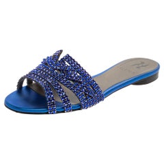 Gina Blue Leather Crystal Embellished Leather Flat Slides Size 39