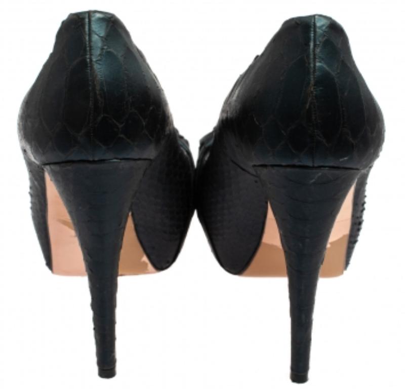 Gina Blue Python Embossed Leather Elle Platform Pumps Size 38.5 For Sale 1