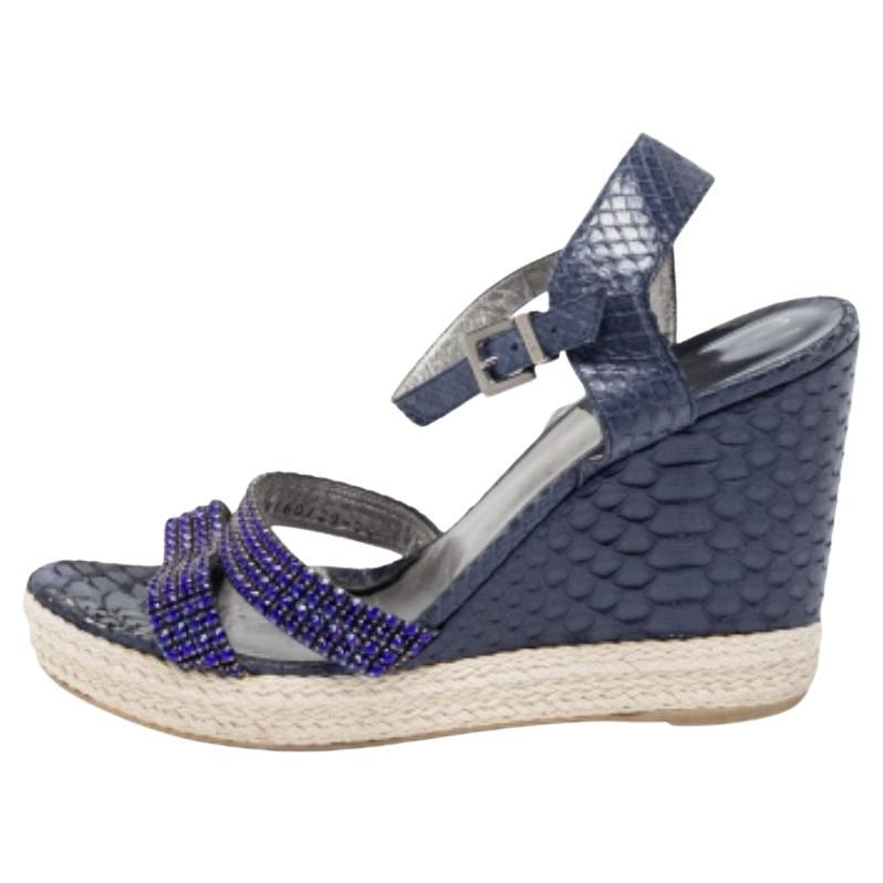 Gina Blue Python Leather Crystal Wedge Platform Ankle-Strap Sandals Size 40.5 en vente