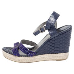Gina Blue Python Leather Crystal Wedge Platform Ankle-Strap Sandals Size 40.5
