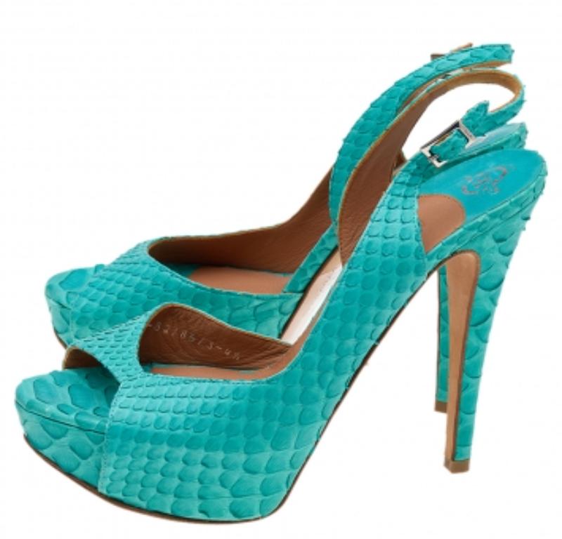 Bleu Gina - Escarpins à plateforme en cuir python bleu - Taille 37,5 en vente