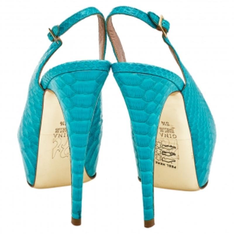 Donna Gina Blue Python Peep Toe Platform Slingback Sandals Taglia 38.5 in vendita