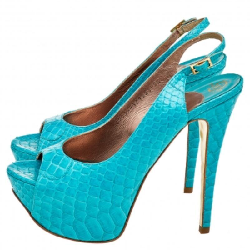 Gina Blue Python Peep Toe Platform Slingback Sandals Taglia 38.5 in vendita 2