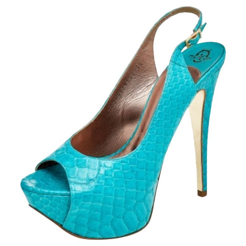 Gina Blue Python Peep Toe Platform Slingback Sandals Taglia 38.5 in vendita