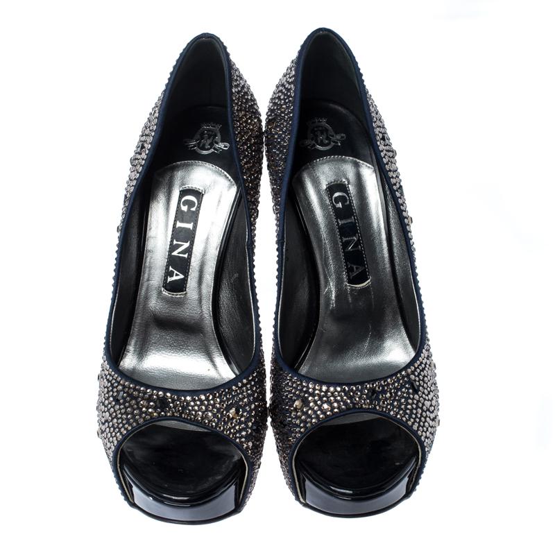 Black Gina Blue Satin Crystal Embellished Peep Toe Platform Pumps Size 40